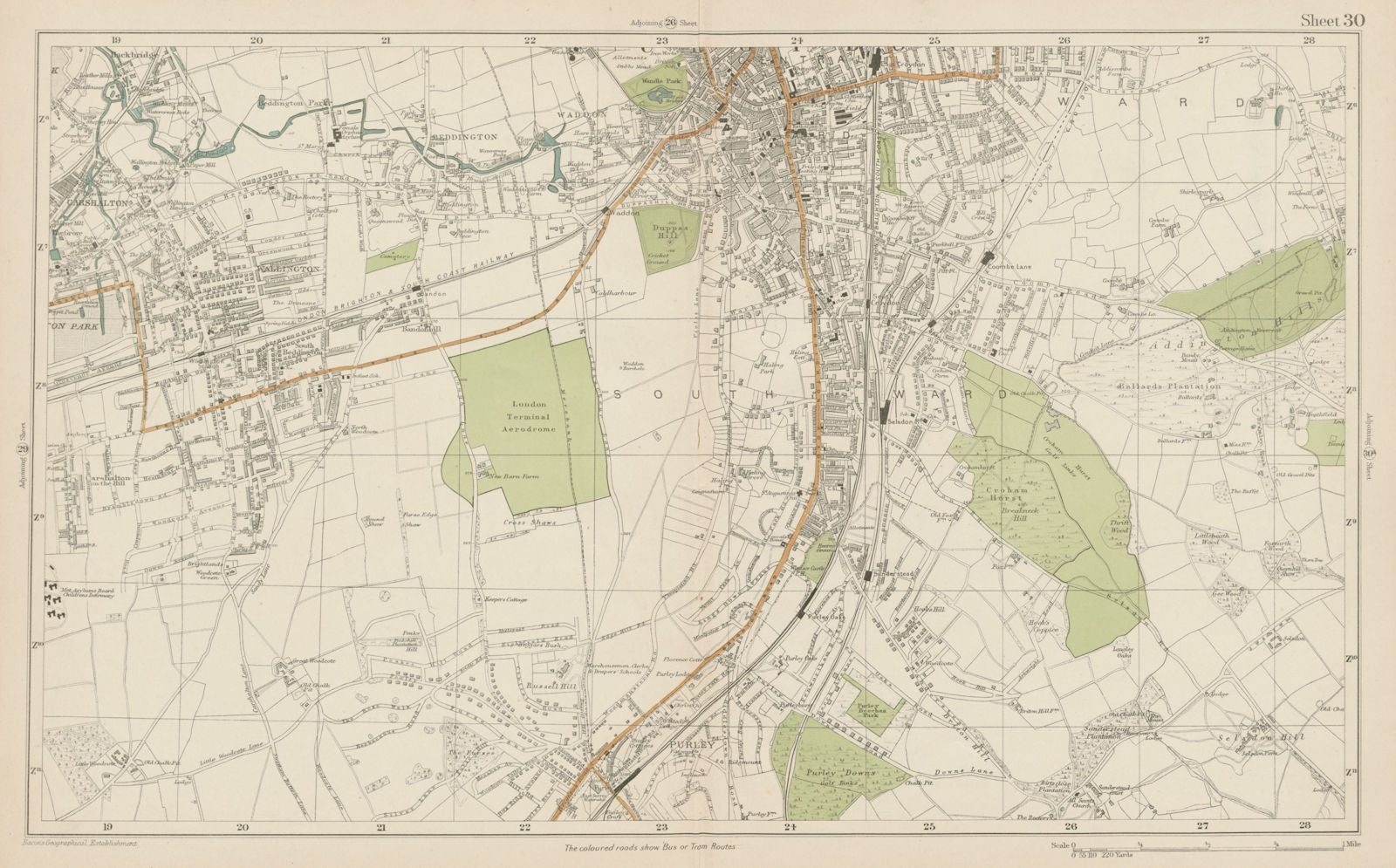 SOUTH CROYDON Carshalton Wallington Waddon Beddington Purley. BACON  1919 map